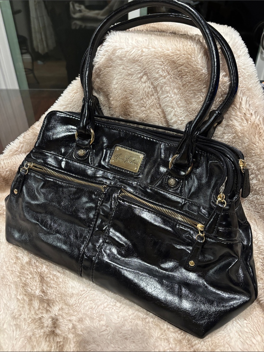 Marc Fisher Black Patent Satchel with Gold Hardware